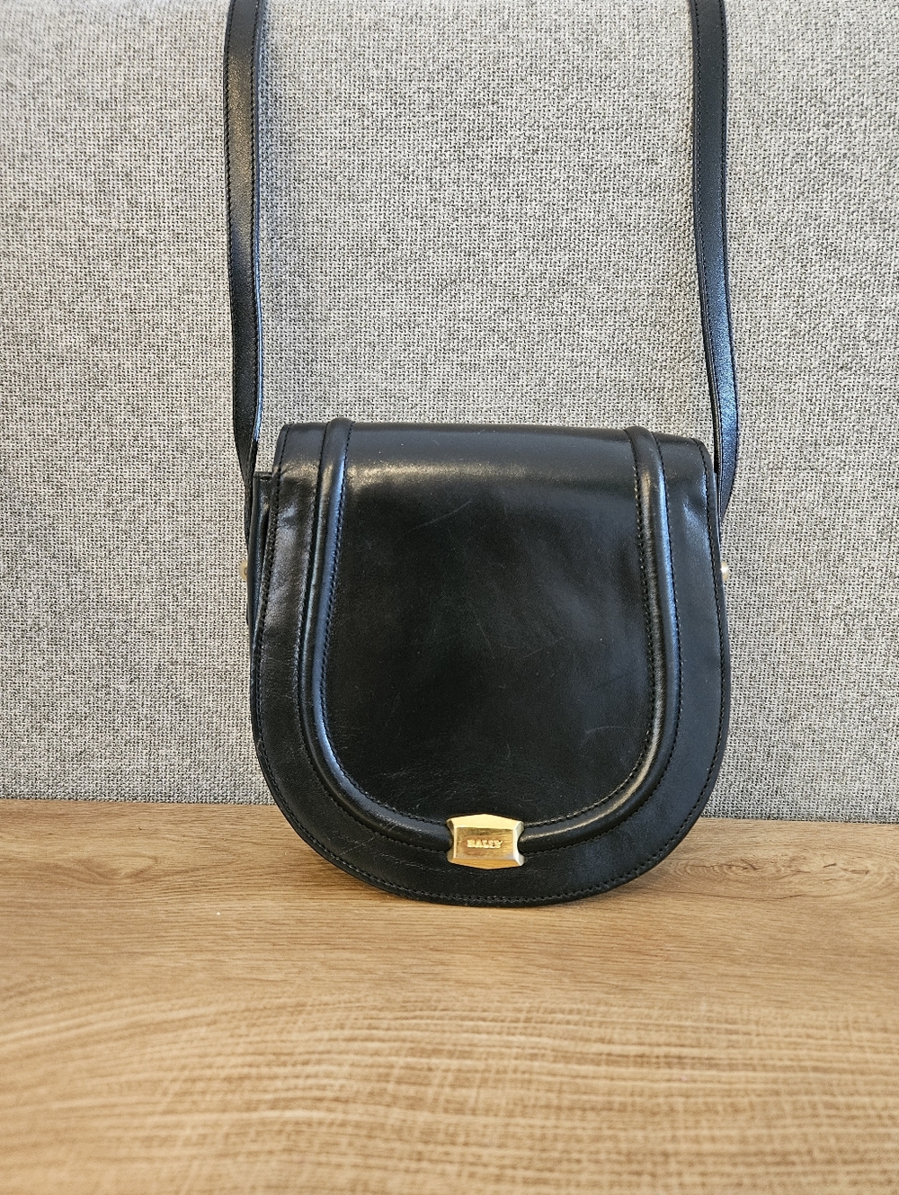 Bally Vintage Black Leather Crossbody Saddle Bag with Gold Hardware